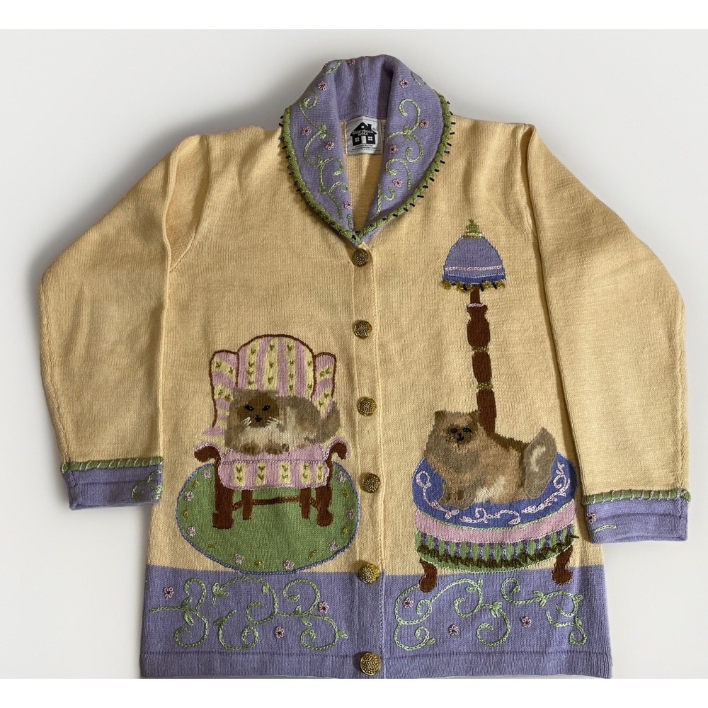 Storybook Knits Shawl Collar Cats On Chairs Cardigan Women's Medium Embroidered